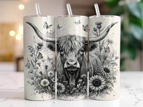 Monochrome Cow Wildflower Tumbler Wrap Graphics