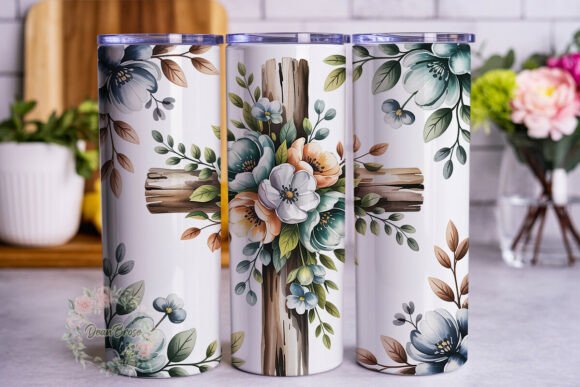 Rustic Cross Blue Flowers Graphics for Tumbler Wraps